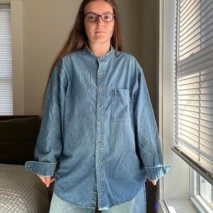 Vintage Lands' End Denim No Collar Denim Button Down Shirt